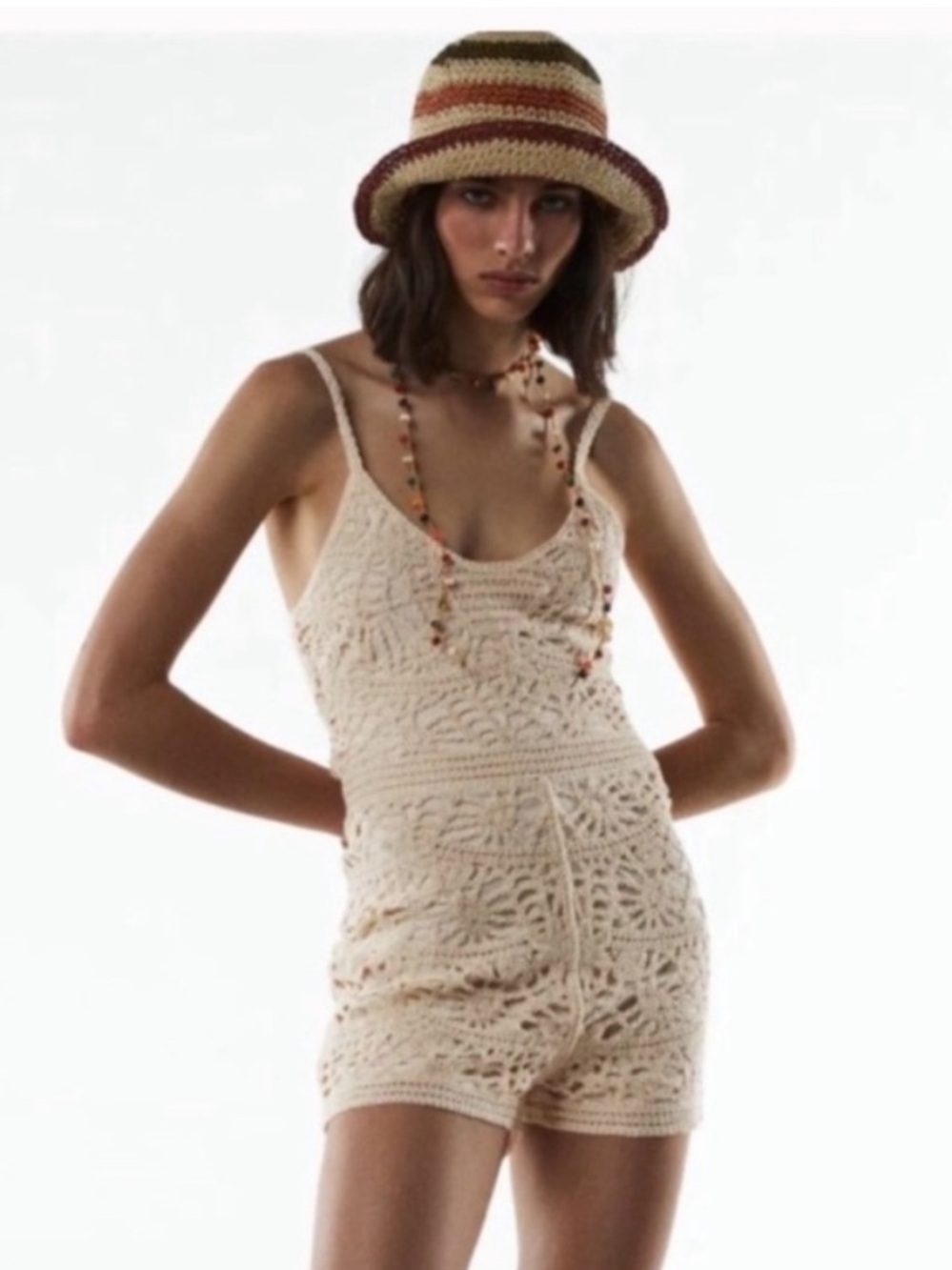 Zara intricate Cream Crochet beach romper boho
